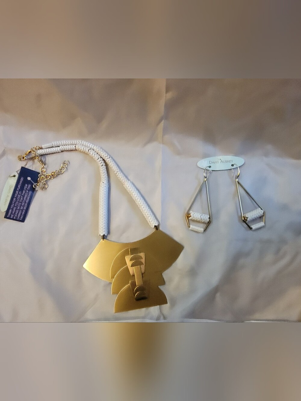 David Aubrey White and Gold Geometric Statement Necklace with Matching Earrings